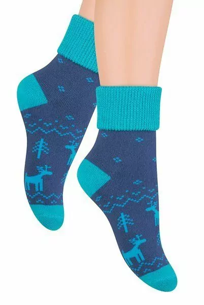 Modré ponožky teplé -froté materiál SNEHULIAK 3D, jeans-modré 1-7ROKOV