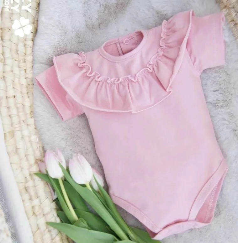 Body JEDNOFAREBNÉ KRÁTKY rukáv dievčenské- oblečenie na krst, s malými volánikmi 