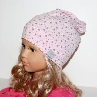 Čiapka jednovrstvová RADA  BODKY- RUŽOVÁ, MODRÁ, ŠEDÁ- BAMBI, mierne predľžená,väčšia1-12ROKOV