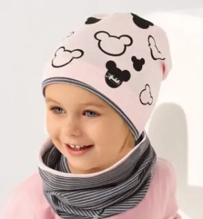 Čiapka predĺžená MINNIE -hlavičky, bledošedá.tmavoružová,modrá