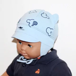 Letná KOJENECKÁ dierková čiapka UŠKO MICKEY,modrá HUGO MICKEY na viazanie